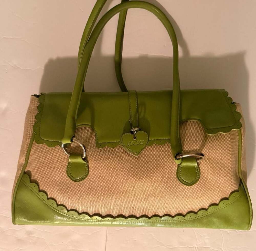 Y2K XOXO Lime Green and Beige Canvas Satchel Handbag with Heart Charm